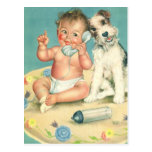 Vintage Cute Baby Talking on Phone Puppy Dog Postcards
