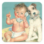Vintage Cute Baby Talking on Phone Puppy Dog Sticker