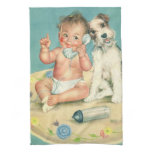 Vintage Cute Baby Talking on Phone Puppy Dog Towel