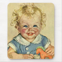 Vintage Cute Blond Curl Baby Smiles with Toy Horse