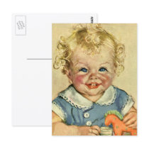 Vintage Cute Blond Curl Baby Smiles with Toy Horse