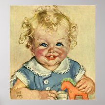Vintage Cute Blond Curl Baby Smiles with Toy Horse Print