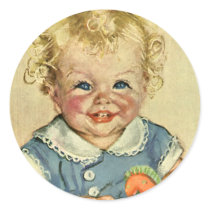 Vintage Cute Blond Curl Baby Smiles with Toy Horse