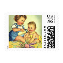 Vintage Cute Happy Toddlers Smiling with a Bottle Postage