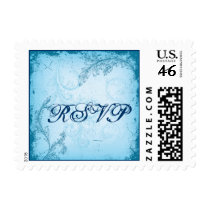 Vintage cyan blue scroll leaf RSVP stamp