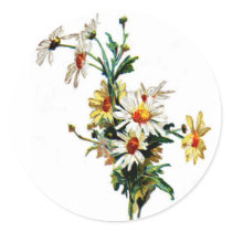 *Vintage Daisy* Flower Art Round Stickers