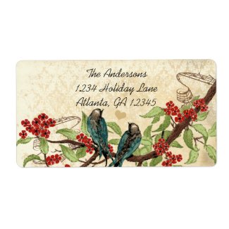 Vintage Damas Teal Bird Burgundy Flowering Branch label