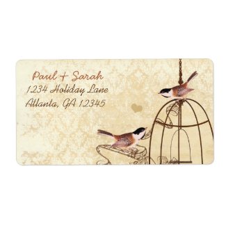 Vintage Damask Chickadees Brown Bird Cage label