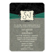 Vintage Damask Emerald Green Black Wedding Personalized Announcement