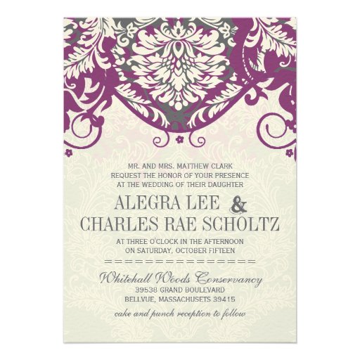 Vintage Damask Gray and Plum Modern Typography Announcement