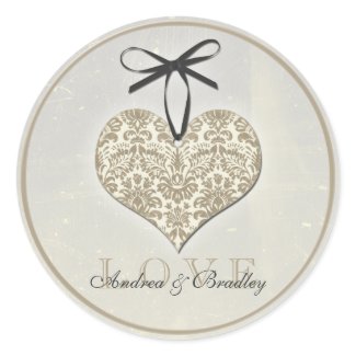 Vintage Damask Heart Monogram Wedding Sticker sticker