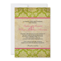Vintage Damask Invitation in Pink and Green