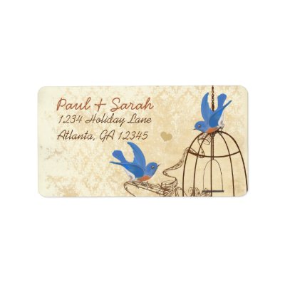Vintage Damask Lucky Bluebirds Brown Bird Cage Personalized Address Labels