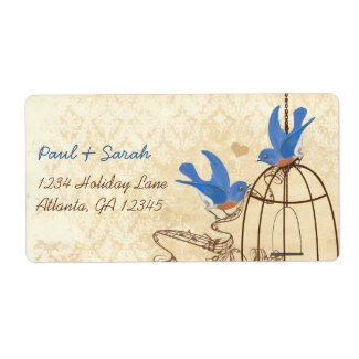 Vintage Damask Lucky Bluebirds Brown Bird Cage label