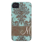 Vintage Damask Pattern with Monogram iPhone 4 Cases
