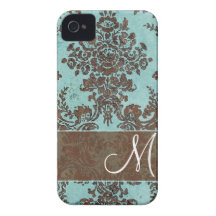 Vintage Damask Pattern with Monogram iPhone 4 Cases