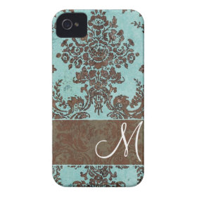 Vintage Damask Pattern with Monogram iPhone 4 Cases