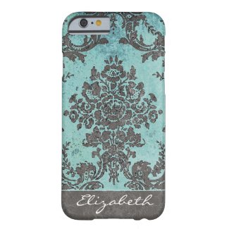 Vintage Damask Pattern with Name - teal gray iPhone 6 Case