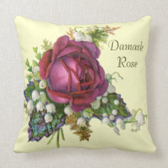 Vintage Damask Rose and Snowdrops Throw Pillow