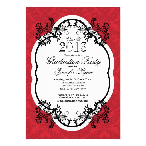 Vintage Damask Stylish Red Graduation Party Announcement (front side)