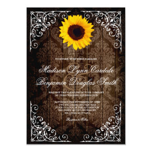 Vintage Damask Sunflower Rustic Wedding Invitation 4.5