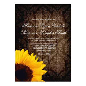 Vintage Damask Sunflower Rustic Wedding Invitation 4.5