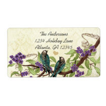 Vintage Damask Teal Bird Purple Flowering Branch Custom Shipping Labels