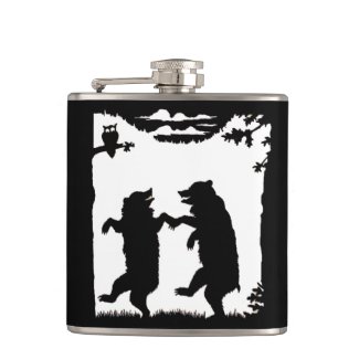 Vintage Dancing Bears Black Silhouette Trees Owl Flask