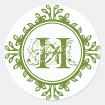 Vintage decay green monogram label wedding favor stickers