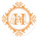 Vintage decay orange monogram label wedding favor sticker