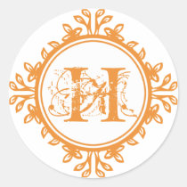 Vintage decay orange monogram label wedding favor stickers
