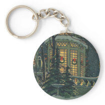 Vintage Decorated Christmas House and Snow Keychains