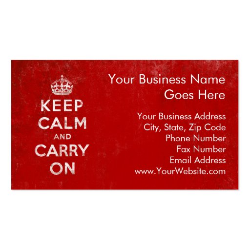 Vintage Deep Red Distressed Keep Calm and Carry On Business Card Template (front side)