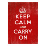 Vintage Deep Red Distressed Keep Calm and Carry On Custom Invitations