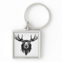 Vintage deer buck stag head antler line drawing keychains