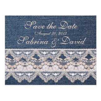 Vintage Denim and Lace Save the Date Postcard