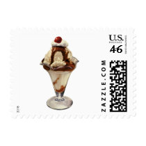 Vintage Dessert; Ice Cream Sundae with Cherry Postage Stamp