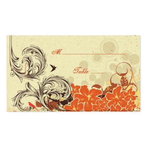 Vintage distress orange floral wedding place card business card template (back side)