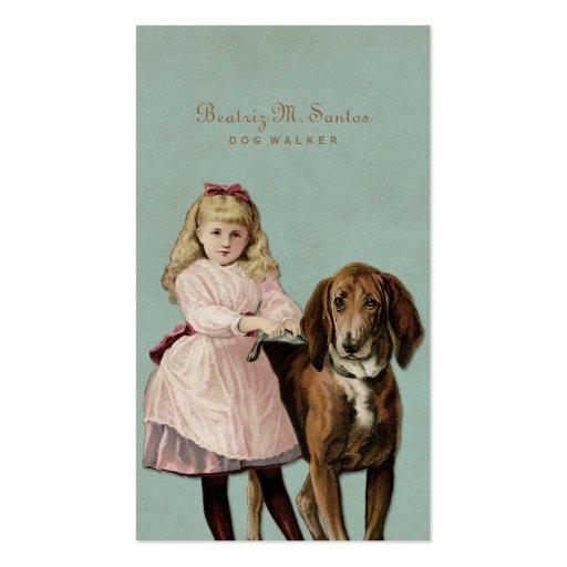 Vintage Dog Walking Cute Girl Cool Animal Simple Business Card Template (front side)