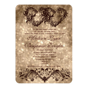 Vintage Double Hearts Champagne Wedding Invitation Invites