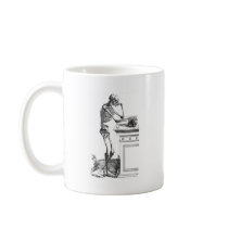 Vintage drawing of a standing skeleton mugs