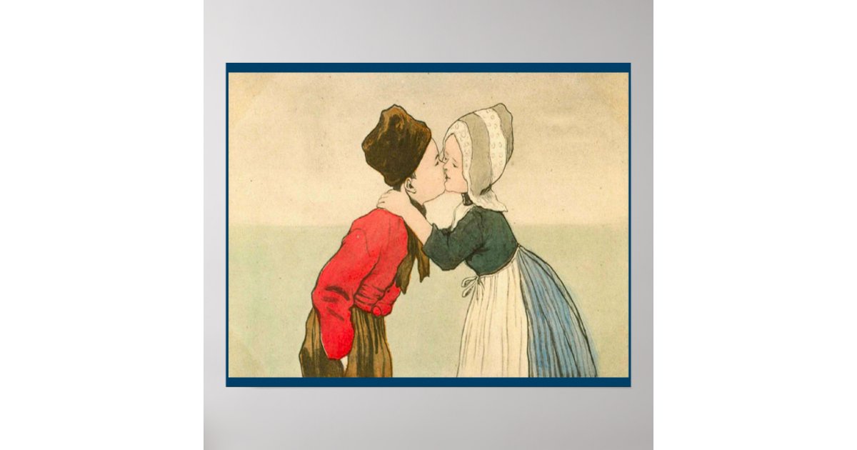 Vintage Dutch Design 1905 Girl And Boy Kissing Poster
