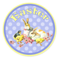 Vintage Easter Bunnies and Baby Chicks Round Stickers