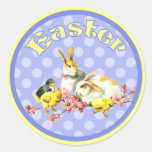 Vintage Easter Bunnies and Baby Chicks Round Stickers