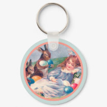 Vintage Easter Bunny and Sleeping Girl Keychain