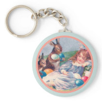 Vintage Easter Bunny and Sleeping Girl Keychain