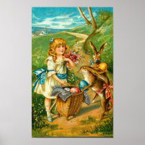 Vintage Easter Card With Girl And Bunnies Posters