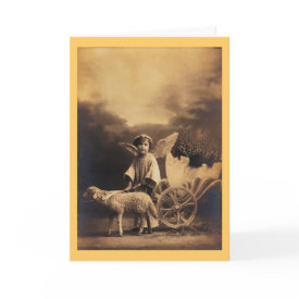 Vintage Easter Cherub Card - Vintage greeting card with a photo of a cherub with a lamb and Easter egg in a cart.