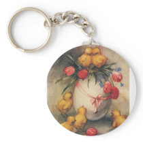 Vintage Easter Chicks with Red Tulips in an Egg Key Chains