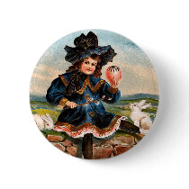 Vintage Easter Girl and Bunnies Round Button